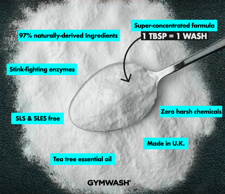 Gymwash powder is 97% naturally derived, SLS & SLES free and has tea tree essential oil fragrance.